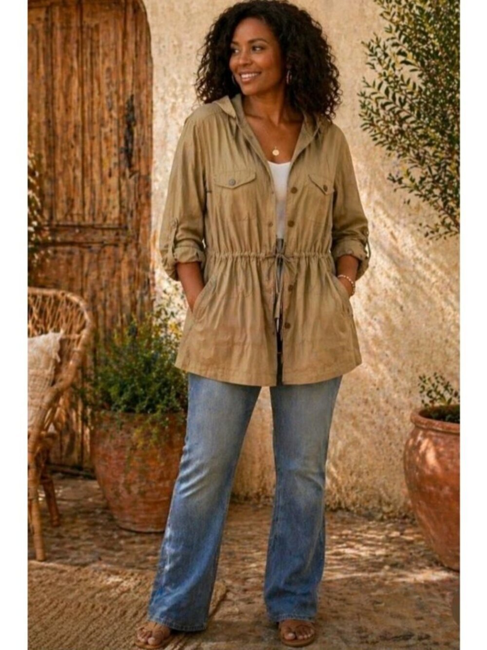 Womens 100% Linen Jacket Hooded Casual Utility Gorpcore Lightweight Size 8 Tan
